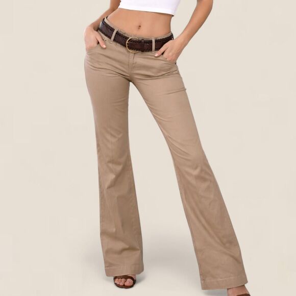 Source Unknown Pants - Vintage Y2K low rise khaki bootcut pants + braided brown belt | medium